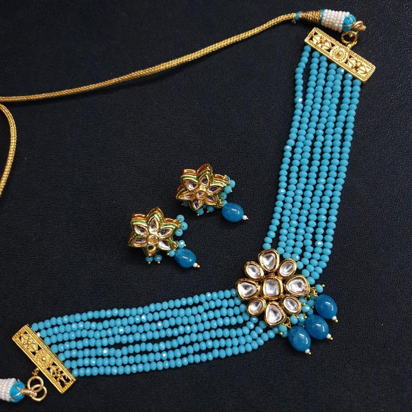 JP504 - Aqua blue agate beads necklace with kundan pendant and eraings