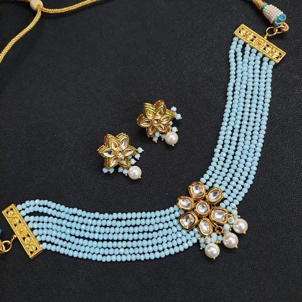 JP506 - Agate bead light blue necklace with kundan pendant and matching earings