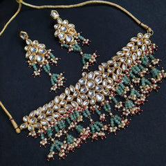 JP513 - Uncut kundan necklace with emerald beads and pearls with matching earings