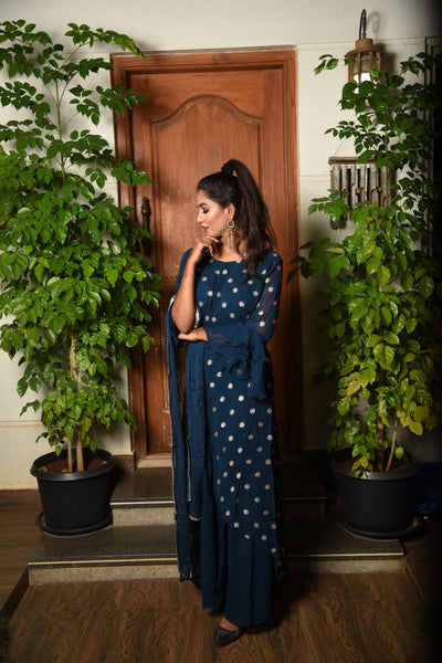 RFSS610 - Party wear dress in Mid-Night Blue with high-low top. Comes with Palazzo and matching Dupatta