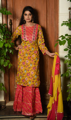RFSS632 - Chanderi Cotton Full Suit in Floral Mustard color with Pink Sharara and Chiffon shaded Dupatta