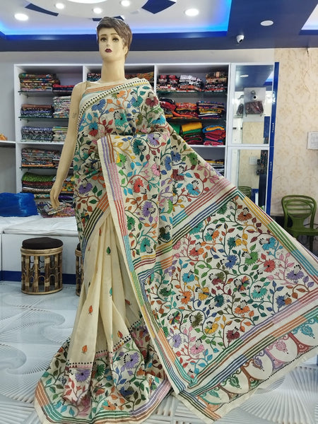 KSN105 - Pure Silk Kantha Tusser Saree in Off-white w/ Nakshi Shoeflower embroidery Fall Peco Ready. Comes w/ stitched Blouse
