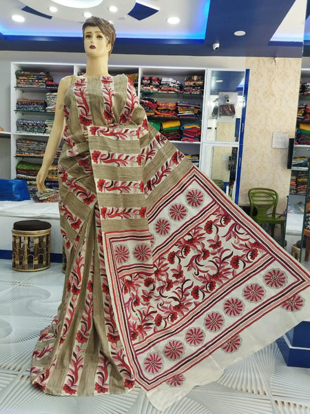 KSN109 - Pure Bangalore Silk Kantha Saree in Beige w/ Red Floral Striped Embroidery. Fall Peco Ready. Comes w/ stitched Blouse (size 38-42)