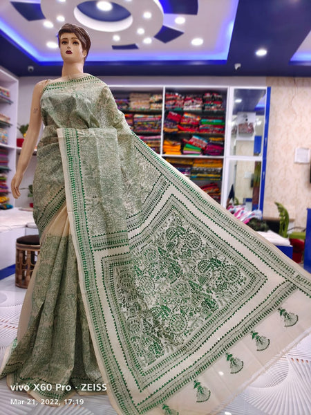 KSN111 - Pure Silk Kantha Tusser Saree in Off-white w/ Green Warli Embroidery Fall Peco Ready. Comes w/ stitched Blouse (size 38-42)