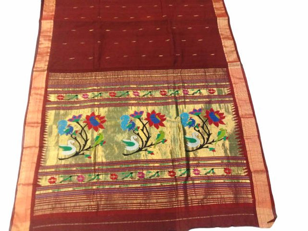 PSS16 - Beautiful Handwoven Cotton Maroon Paithani Saree with Parrot, Swan, and Lotus motif on Pallu