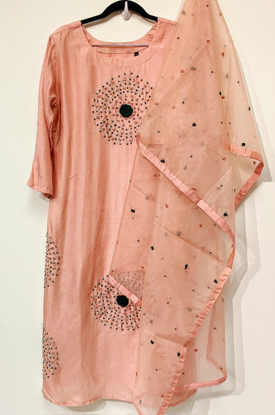 RFSS76 - Peach Silk Cotton Kurti with Embroidery and Organza Dupatta