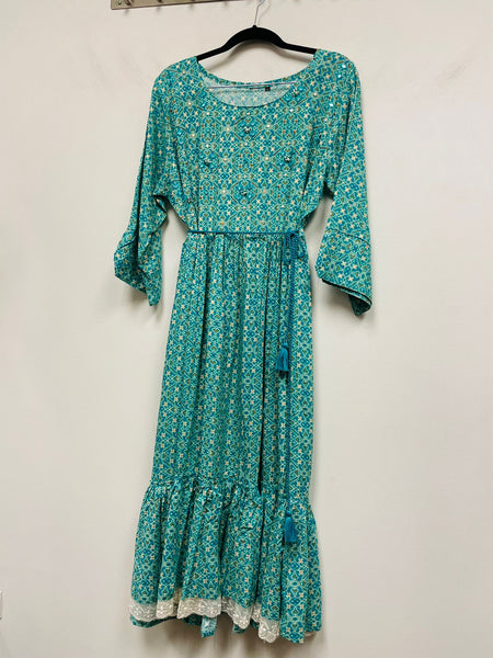 RFSS1022 - Teal Blue Ikkat Print Frock with Mirror Work