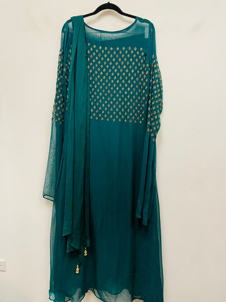 RFSS1028 - Party Wear Dress in Bottle Green with Heavy Embroidery on Yoke and Sleeves. Comes with Palazzo and Dupatta