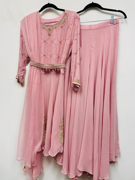 RFSS1034 - Heavy Designer Chinnon Dress with Cutdana work in Pink. Comes with Hand Embroidered Belt, Palazzo, and Dupatta