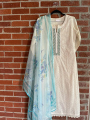 RFSS1136 - Cotton Hakoba Suit in Off-White. Comes with straight Pants and Blue Chiffon Printed Dupatta