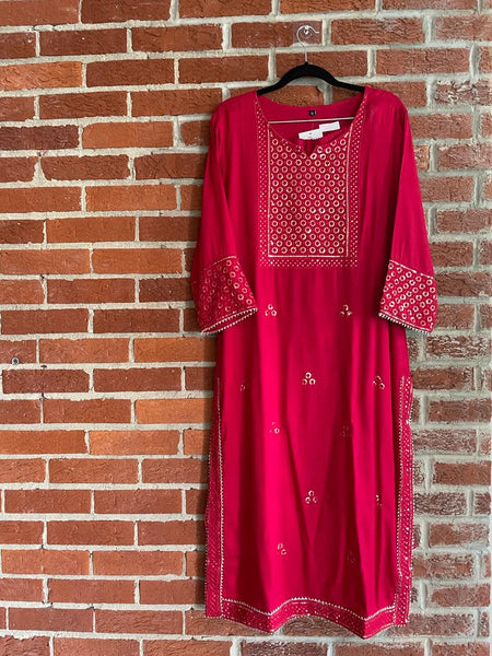 RFSS1158 - Full Suit in Soft Linen Cotton in Red with Sequin Embroidery work on Yoke. Comes with Balloon pants and Mul Cotton Dupatta