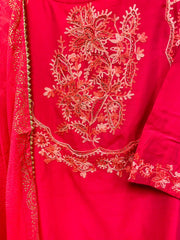 RFSS624 - Pink Silk Cotton Kashmiri Emroidered Top with Pants and Emboidered Chiffon Dupatta.
