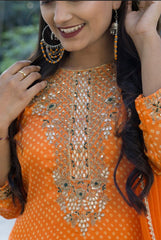 RFSS722 - Pure Modal Satin Orange Party Wear Bandhini Suit.  Comes with Pure Chiffon Chickenkari Sharara and Pure Chiffon Dupatta