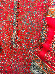 RFSS738 - Muslin Silk Floral Print Kurta in Dark Red. Comes with printed Blue straight pants