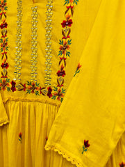 RFSS773 - Mull Cotton Tiered Gown in Yellow with Floral and Mirror Embrodiery on Yoke.