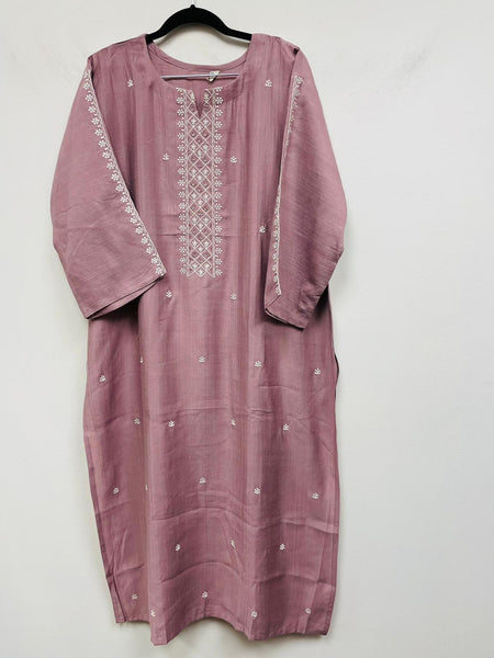RFSS784 - Linen Silk Kurti in Lilac with White-thread Embroidery on Yoke and Sleeves