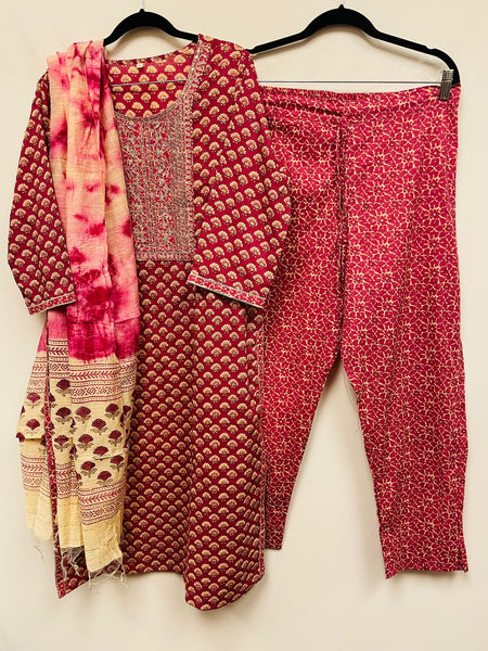 RFSS911 - Jaipuri Cotton Kurta with Zari Embroidery. Comes with Pants and Shibori Dupatta