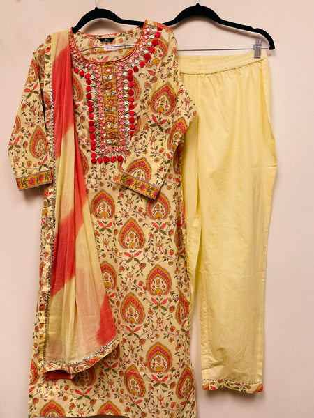 RFSS915 - Jaipuri Cotton Kurti in Lemon Yellow with Pink Floral Prints. Comes with Pants and Chiffon Dupatta