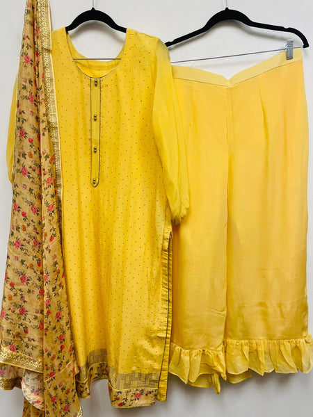 VSS107 - Pure Crepe Suit in Light Yellow with Swarovski Crystal Work and Pure Chiffon Floral Dupatta