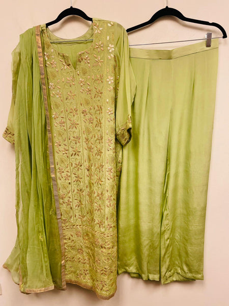 VSS122 - Pure Crepe Suit in Light Green with Chicken and Gota Embroidery. Comes with Straight Pants and Embroidered Dupatta