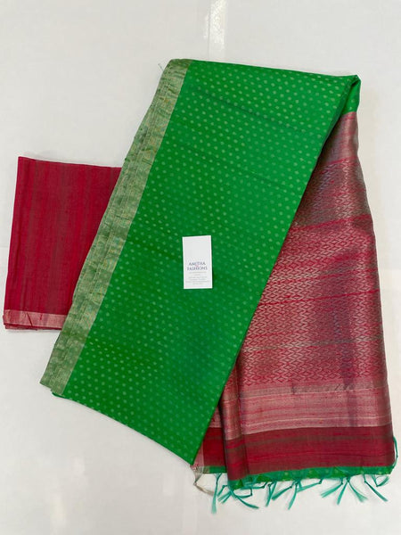 RSB1 - Pure Handloom Raw Silk Saree in Green will all over butti and Maroon Zari Pallu and Blouse