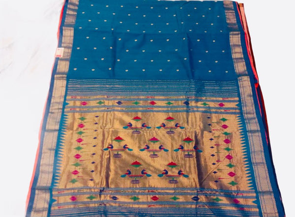 PSS12 - Beautiful Handwoven Cotton Cobalt Blue Paithani Saree with Kadiyal Border and glamorous Peaccock motif on Pallu