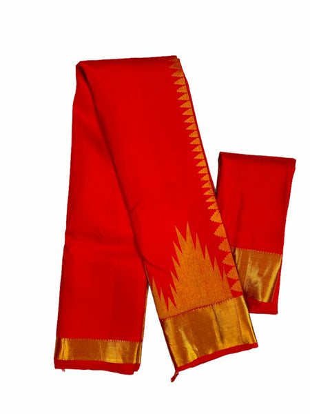HPSS28 - Pure Handloom Silk Kanchivaram Desginer Saree in Red with Temple Border and full Zari Pallu
