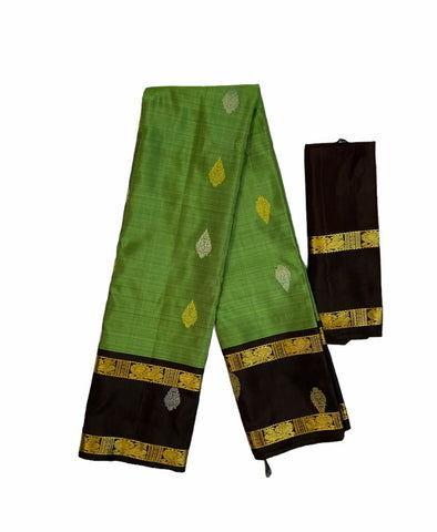 HPSS23 - Pure Handloom Silk Kanchivaram Saree in Green with Golden silver leaf butti. Contrast Black Border and Pallu