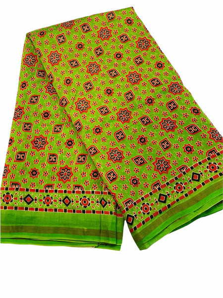 SGCS5 - Pure Chanderi Saree in Parrot Green Ajrakh print