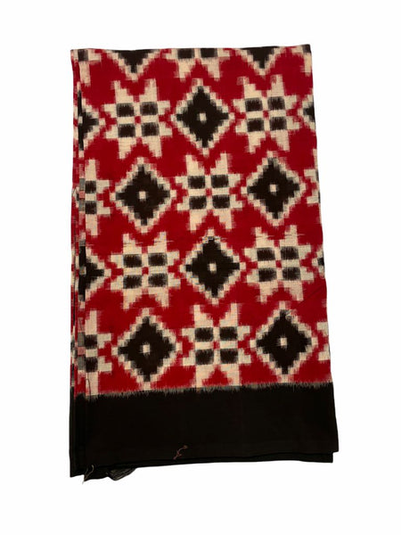 TRC2 - Double Ikkat Telia Rumal Handwoven Designer Cotton Saree in Red/Black (with Blouse)