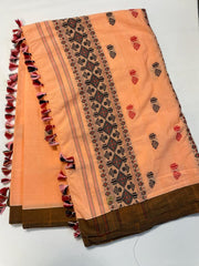 RS2 - Traditional Kaziranga Saree in White from Assam. Munga Cotton fabric with Geometric Handwoven motifs