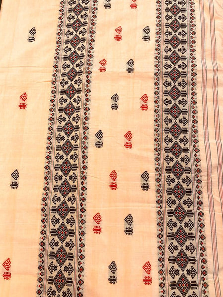 RS2 - Traditional Kaziranga Saree in White from Assam. Munga Cotton fabric with Geometric Handwoven motifs