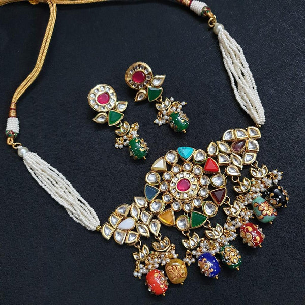 JP527 - Navratan kundan pendant with pearl chain. Comes with matching earings