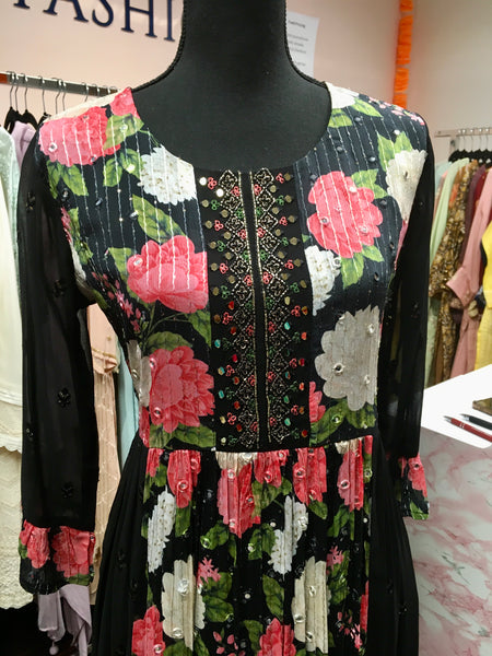 RFSS1302 - Black Chiffon Floral Suit With Nyra Cut, Comes With Palazzos And Dupatta