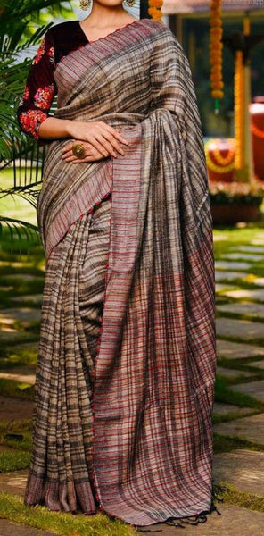 KSP201 - Handwoven ketia cotton saree. Comes with stitched blouse size 38,can be altered to 42