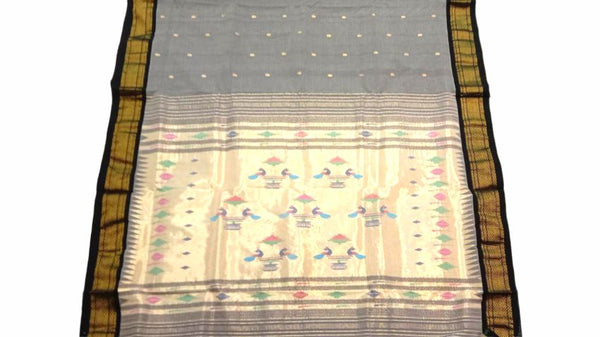 PSS13 - Beautiful Handwoven Cotton Grey Paithani Saree with Kadiyal Black Border and glamorous Peaccock motif on Pallu