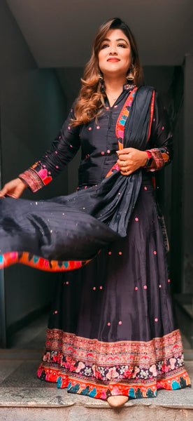 RFSS1203 - Designer Muslin Silk Mirror work Anarkali Gown in Black, with Chiffon Dupatta