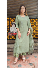 RFSS1211 - Muslin Kurta in Pista Green with Cutdata Embroidery. Comes with Pants and Dupatta