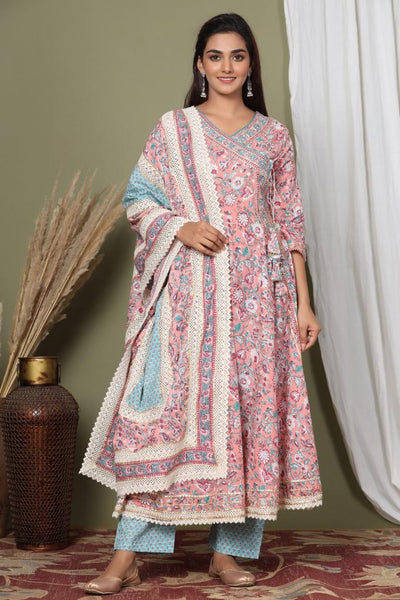 RFSS1212 - Jaipuri Cotton Pink Anarkali in Angrakha pattern. Comes with light Blue pants and Printed Dupatta