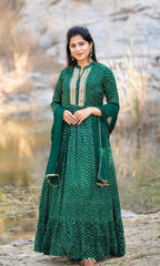 RFSS1418 - bottle green muslin mirror embroided bandhej gown with dupatta