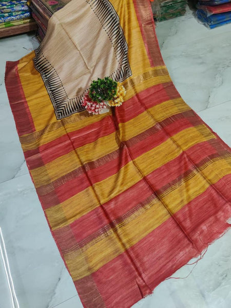 KSP211 - pure zari tussar saree in beige with yellow border.Comes with stitched blouse size 38,can be altered to 42